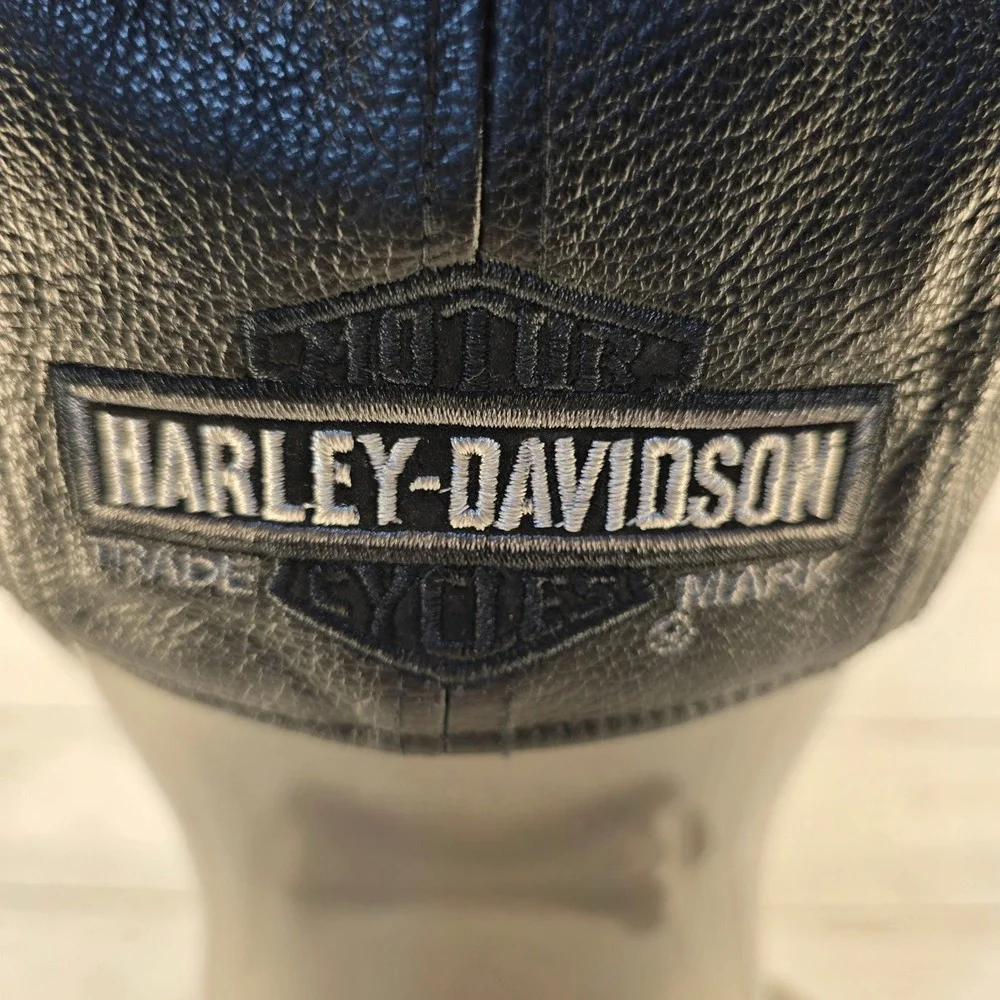 Harley Davidson Mens Black Leather Cap Flat Hat Biker Logo Genuine MotorClothes